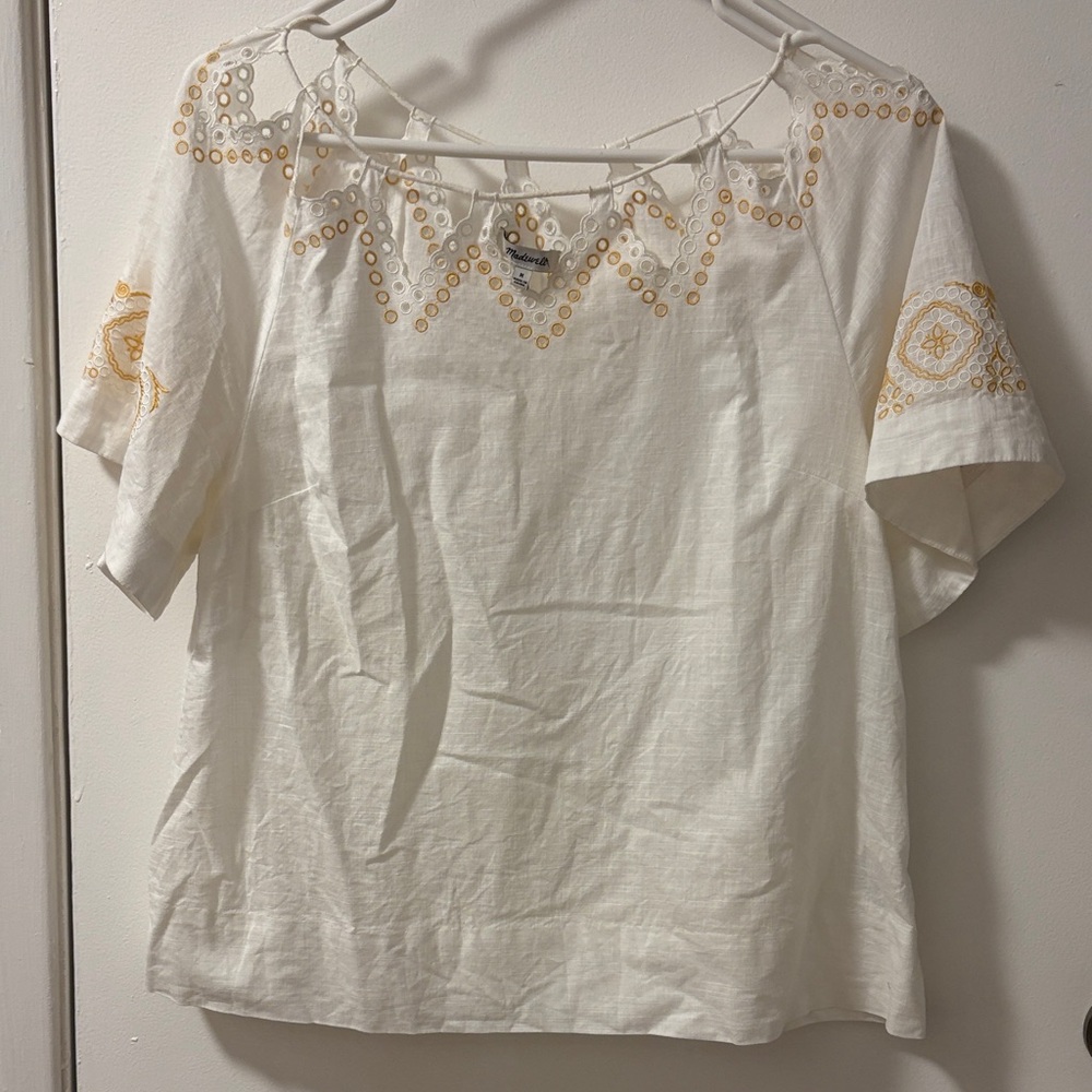 Madewell Cream and Gold Cotton Embroidered Blouse M